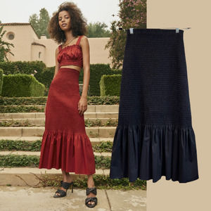 A.L.C. | Lyra Smocked Black Cotton Poplin Midi Maxi Mixi Skirt S